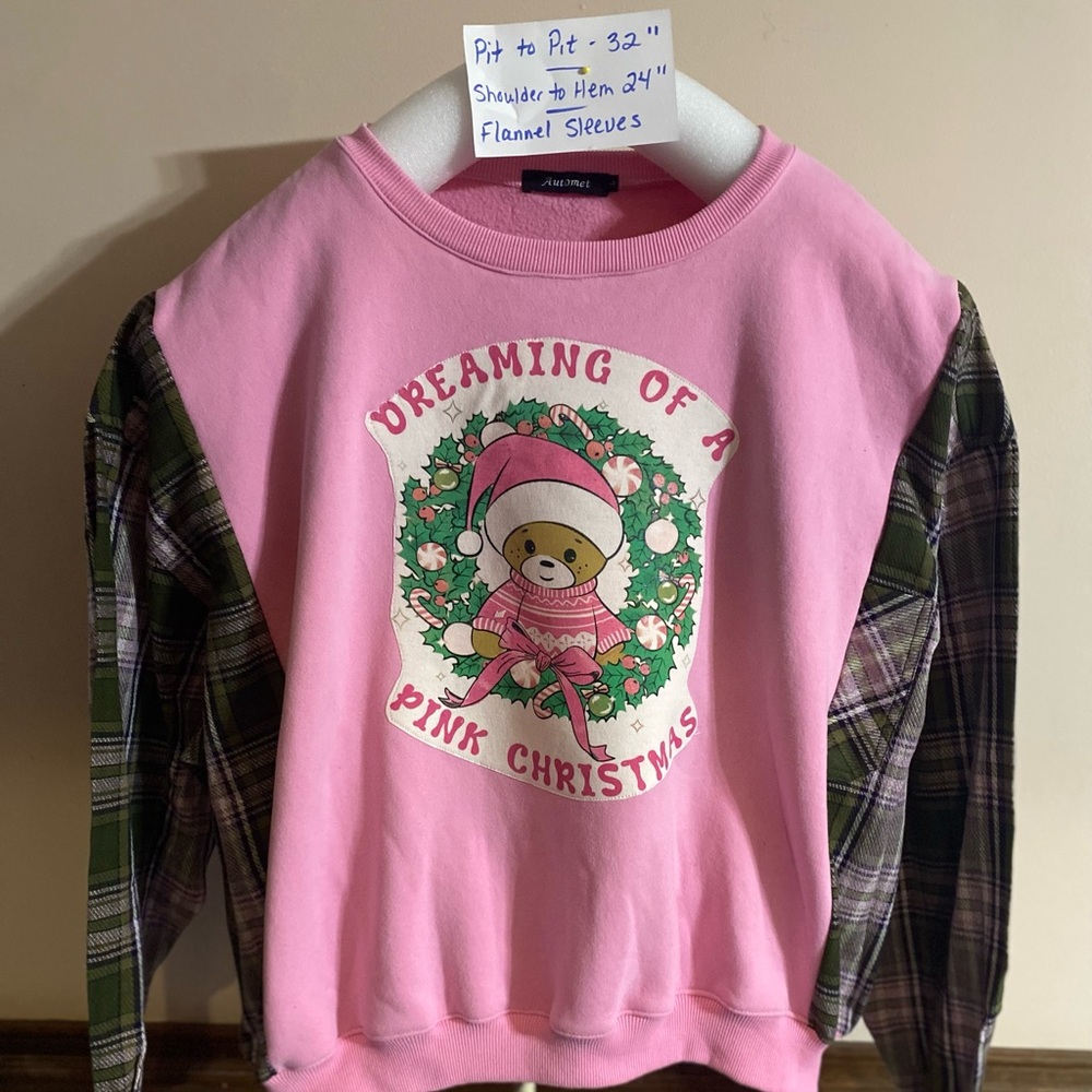 Pink Christmas Bear Sweatshirt with Plaid Sleeves size XL